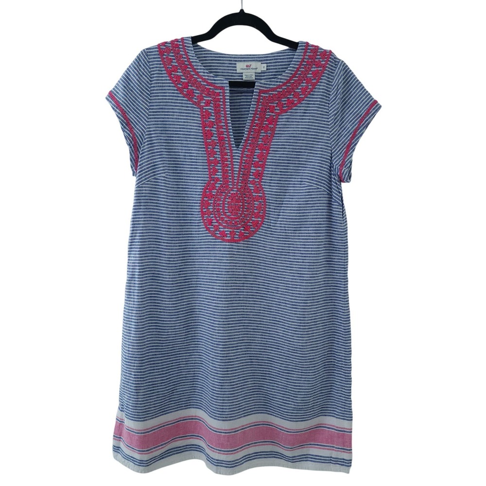 Vineyard Vines Blue Stripe Mini Dress with Pink Embroidery